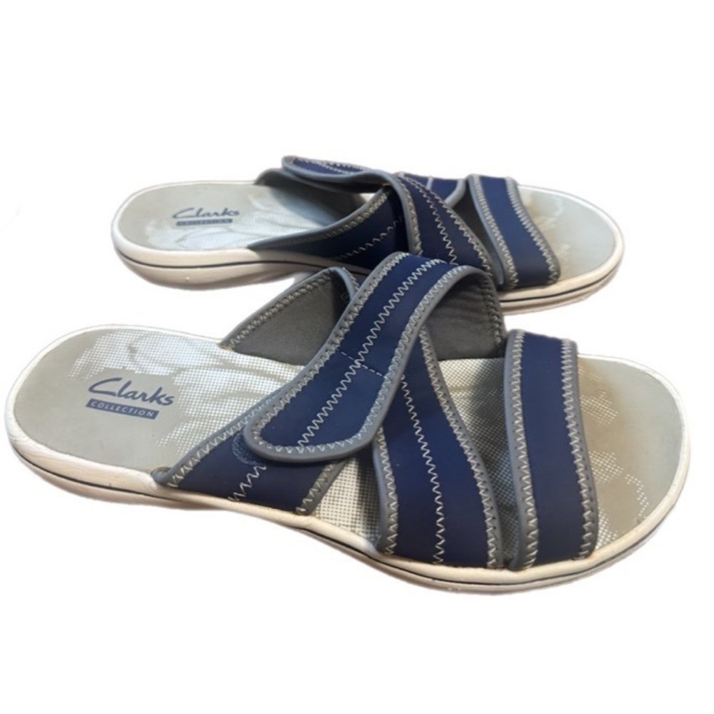 Clarks Slide Sandals Womens 6 Navy Blue Good Adjustable Straps Zigzag Stitch